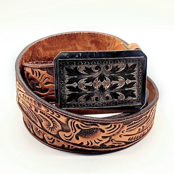 Vintage Ranch Shops Jackson Hole Silver Buckle Leather Tooled Belt - Picture 1 of 6